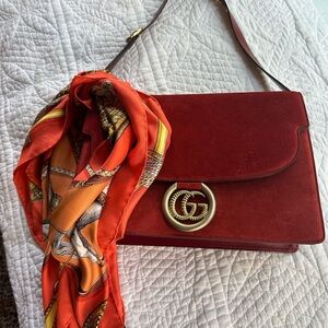 Gucci Red Suede Shoulder Bag with Gold GG Hardware and Orange Scarf